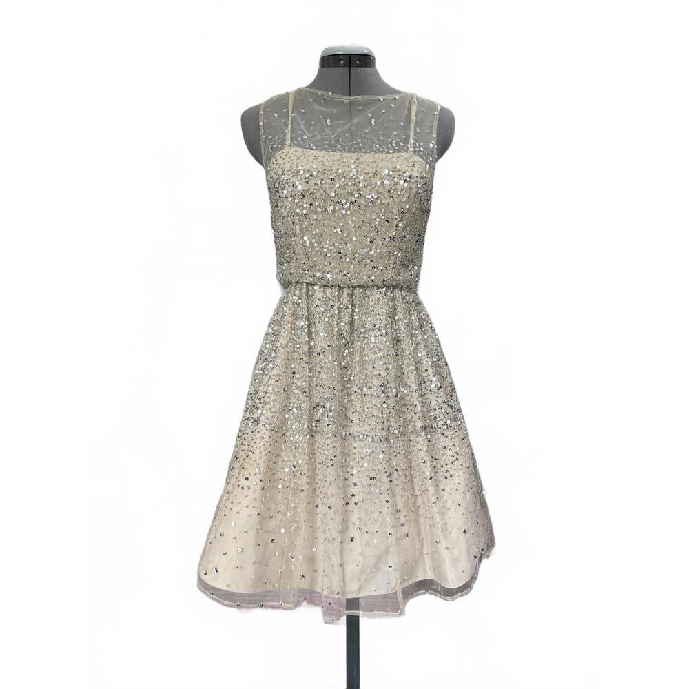 Alice + Olivia Silver Sequin Cocktail Dress – Mesh Top, Homecoming & Party Ready
